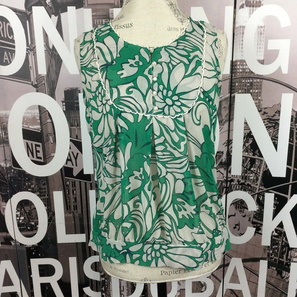 Barkins Green White Floral Semi Sheer Sleeveless Blouse Size 12