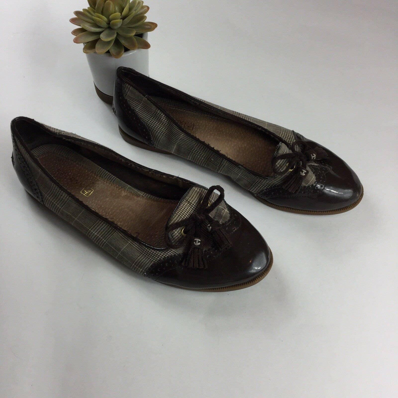 Sperry Top Sider Womans Plaid Loafer Tassel Slip Ons Brown 